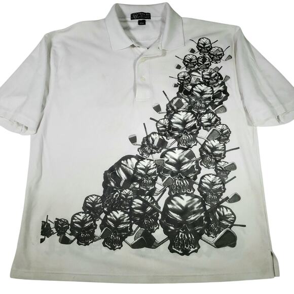 Tattoo Golf Polo Men Large Skull All Over Graphic Print Stretch Polo Shirt Skull - Picture 1 of 8